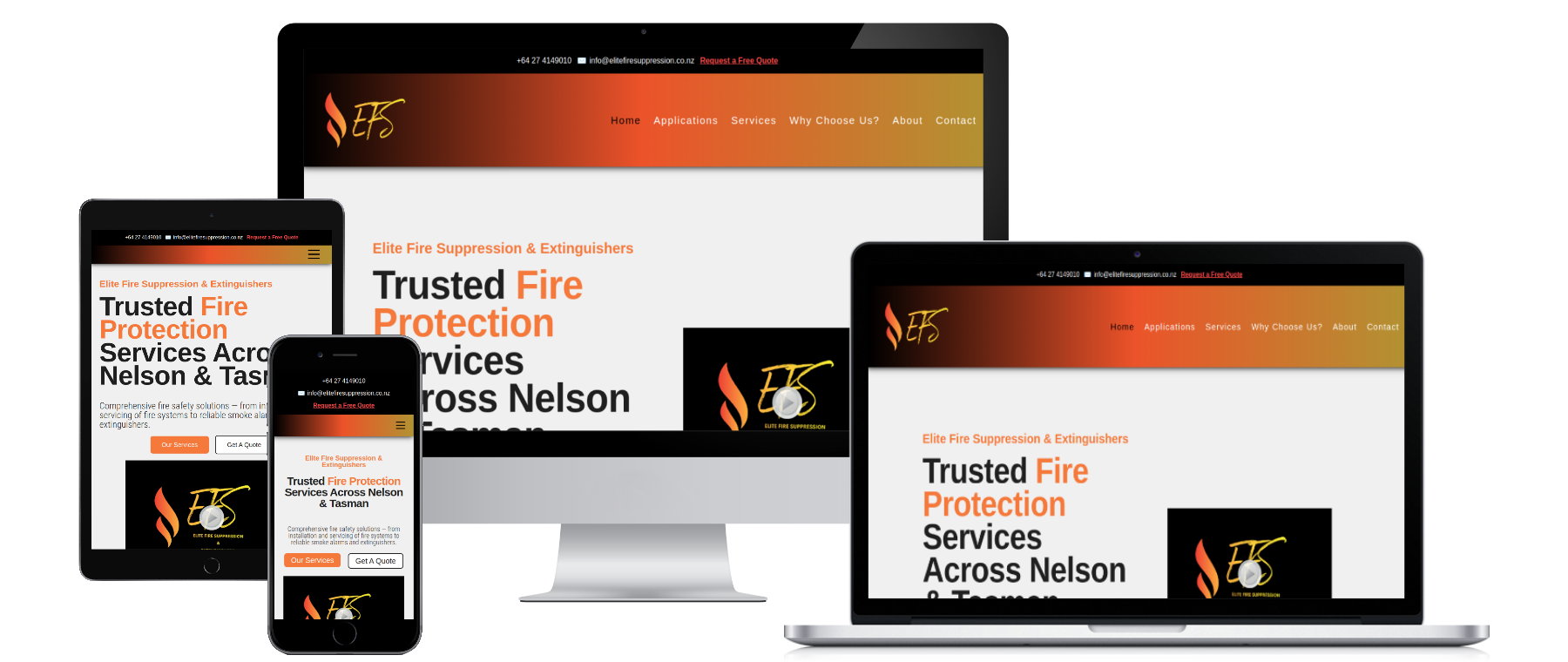 Elite Fire Suppression and Extinguishers website shown across desktop, tablet, and mobile screens