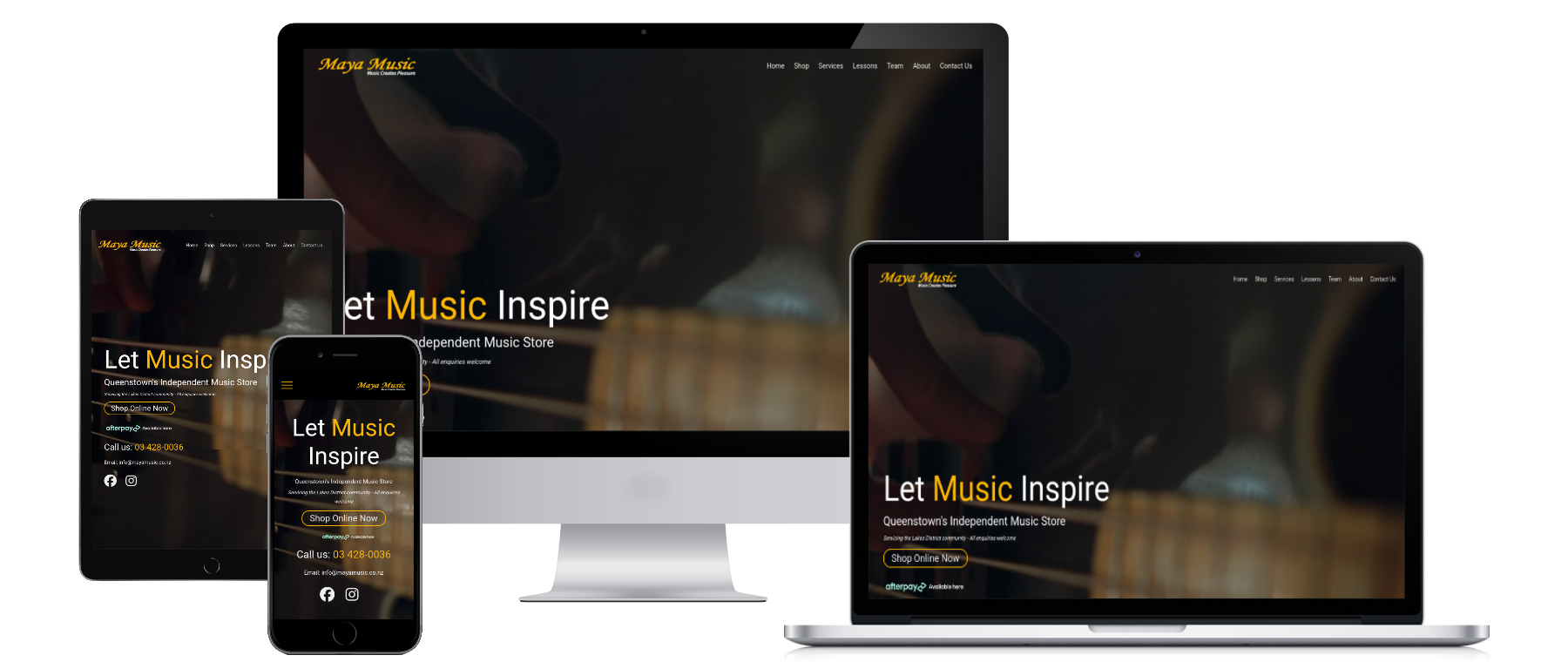 Maya Music online store website shown on desktop, tablet, and mobile screens