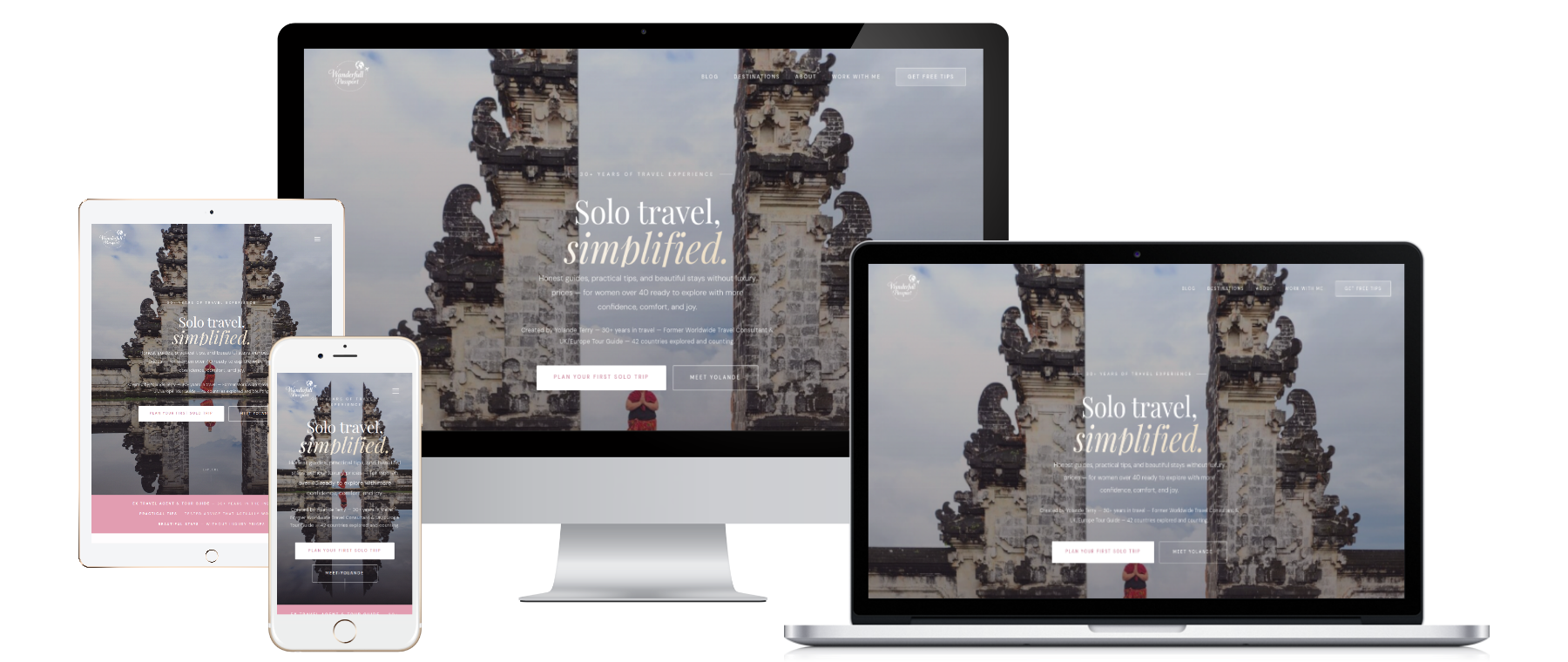 Wanderfull Passport travel website presented on desktop, tablet, and mobile screens
