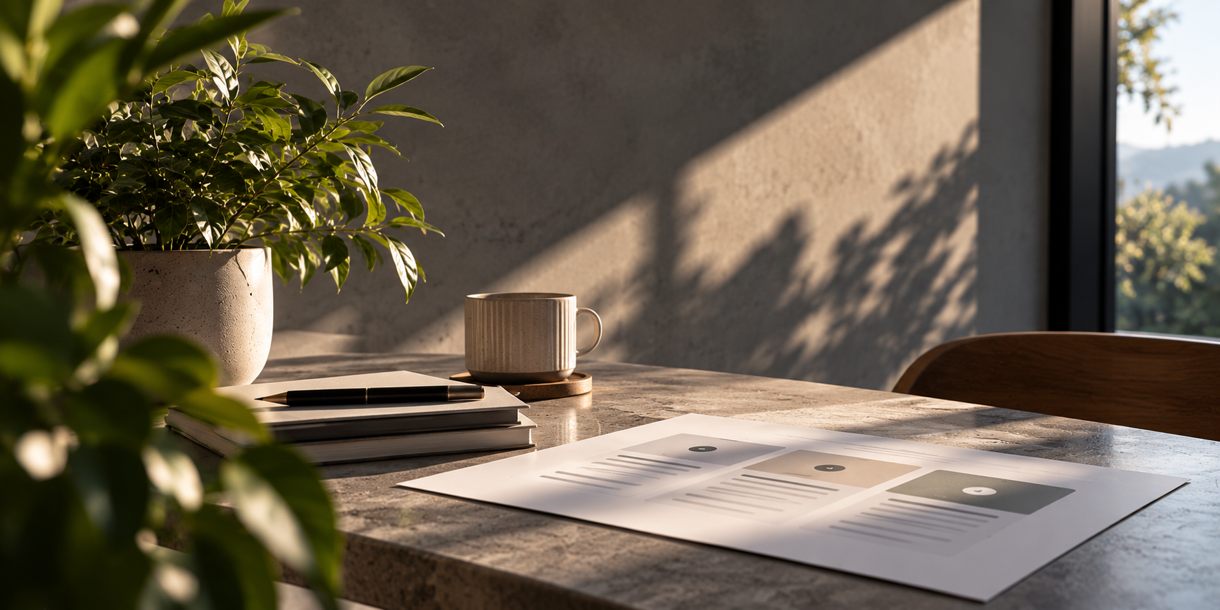 Sunlit desk with plant, notebook, coffee and printed website design layouts