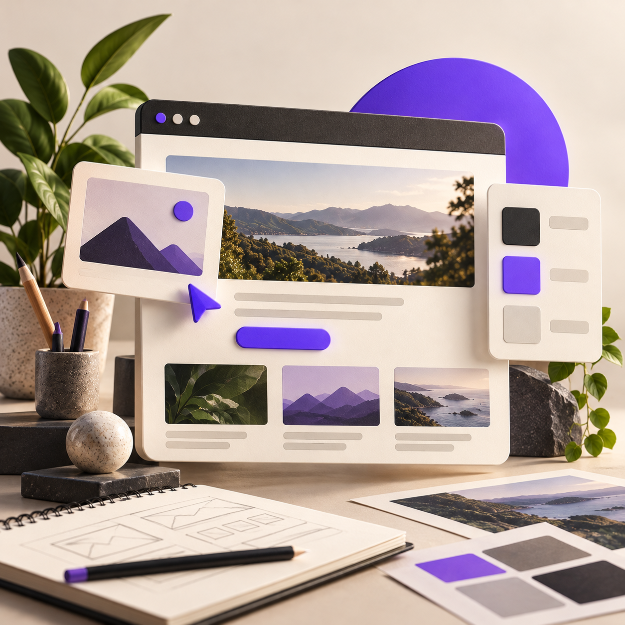 Sculptural website mockup featuring Nelson scenery, foliage and purple highlights