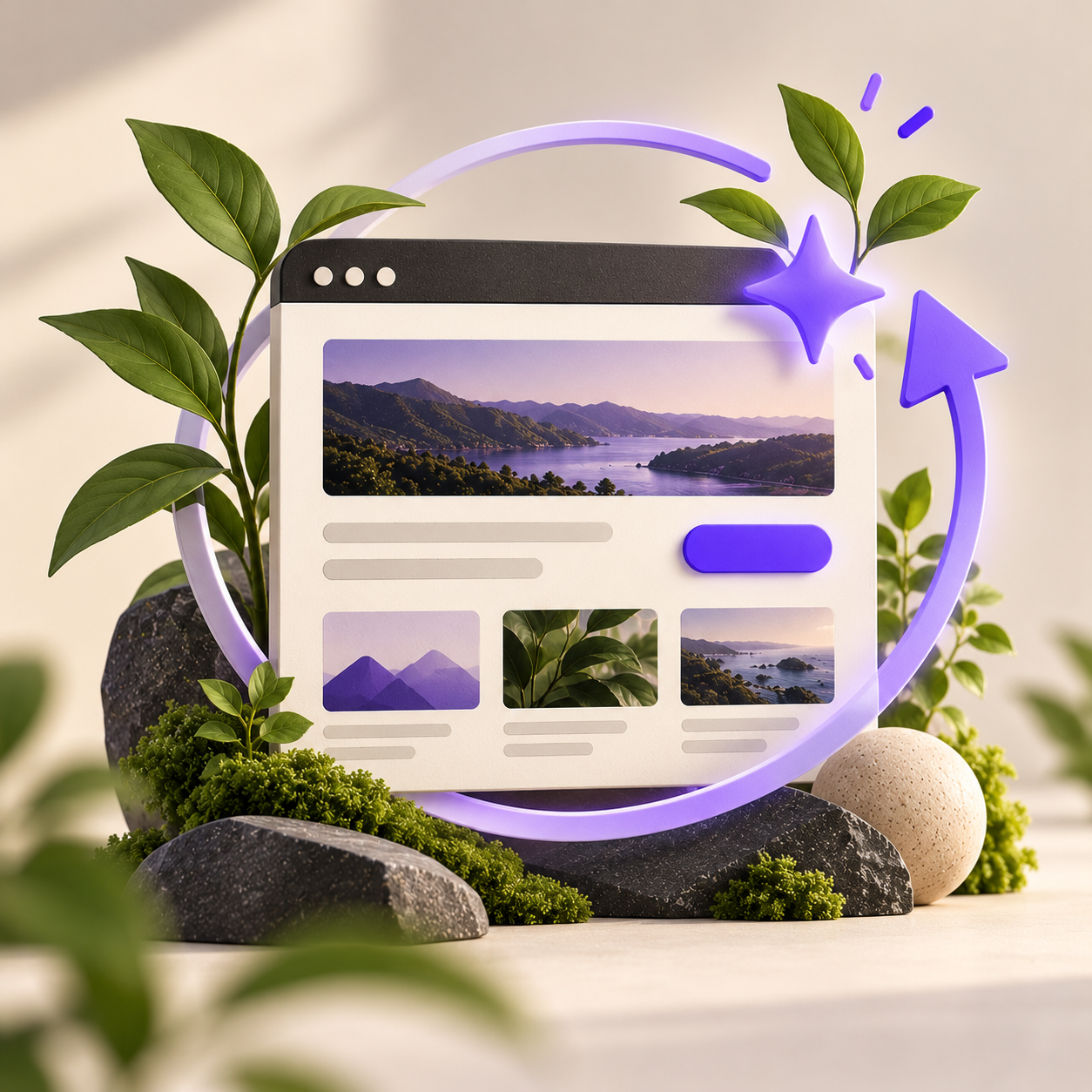Website refresh concept framed by green plants and a purple circular arrow
